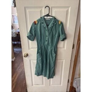 VTG 50s 60s Official Girl Scout Uniform Dress Green Cotton Button Front Patch